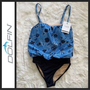 NWT Dolfin Aqua Shape Women's Blue and White Floral Blouson One Piece